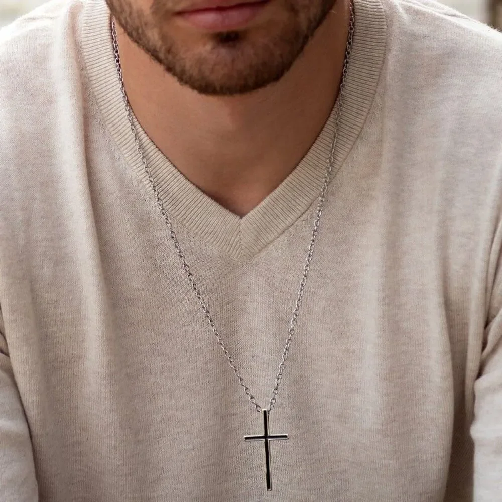 STAINLESS STEEL MEN'S CROSS NECKLACE by GALIS INCLUDES VELVET POUCH